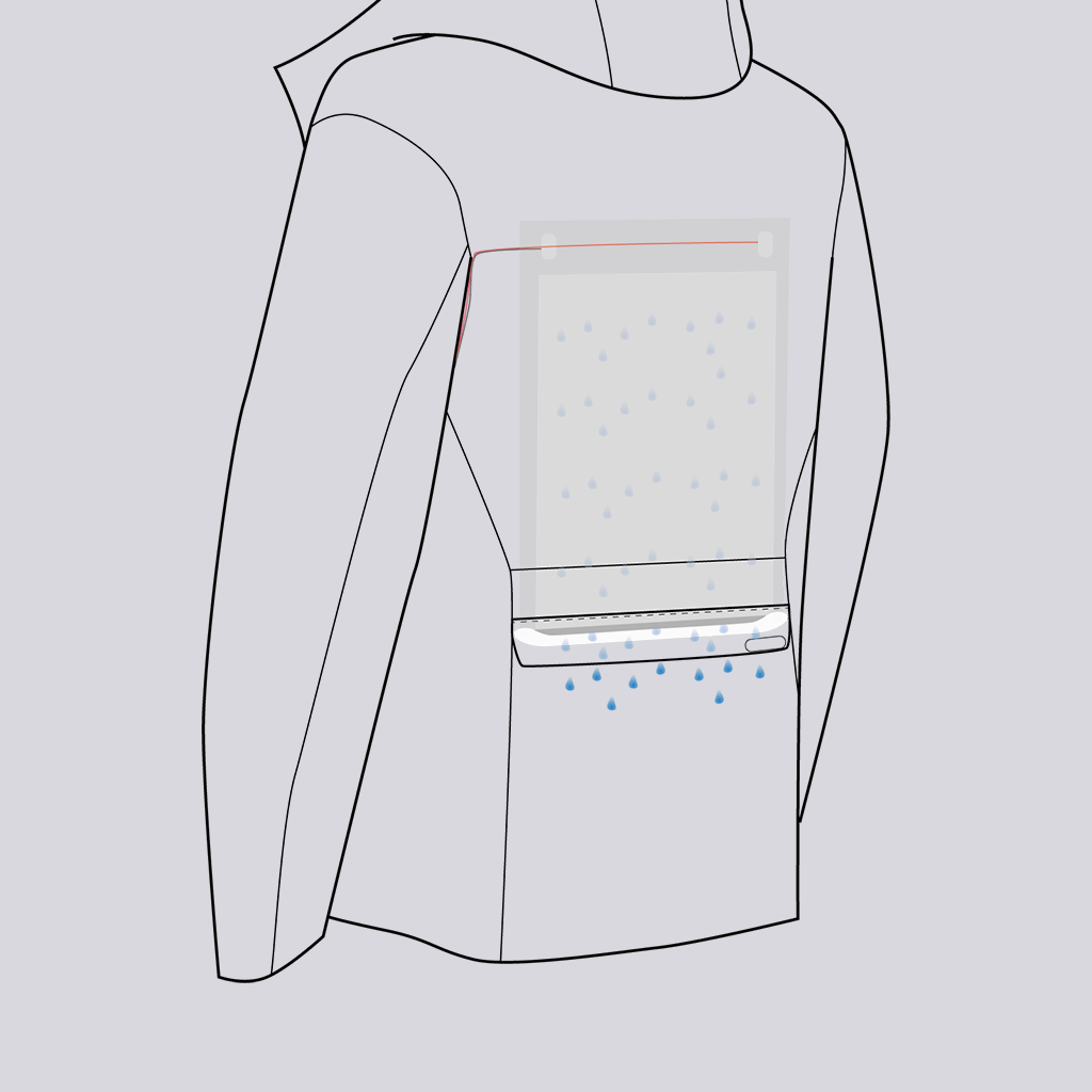Sketch/schematic of LunaMicro's moisture managing pump technology installed in the back panel of a rain jacket.