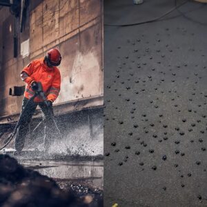 Photograph of a person wearing PPE and using a pressure-washer to clean a floor next to a photograph of a LunaMicro pump with water droplets on it.