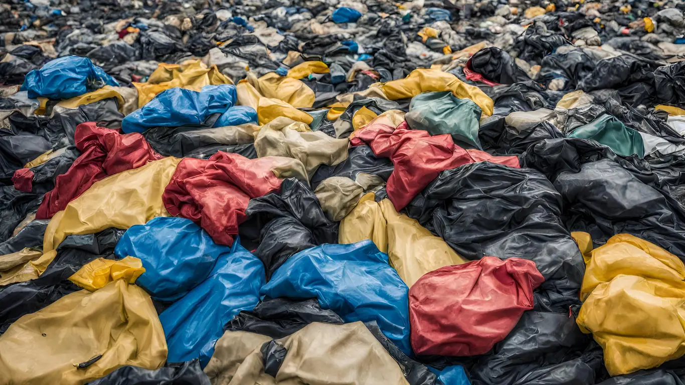 AI-generated photo of a landfill full of rain jackets